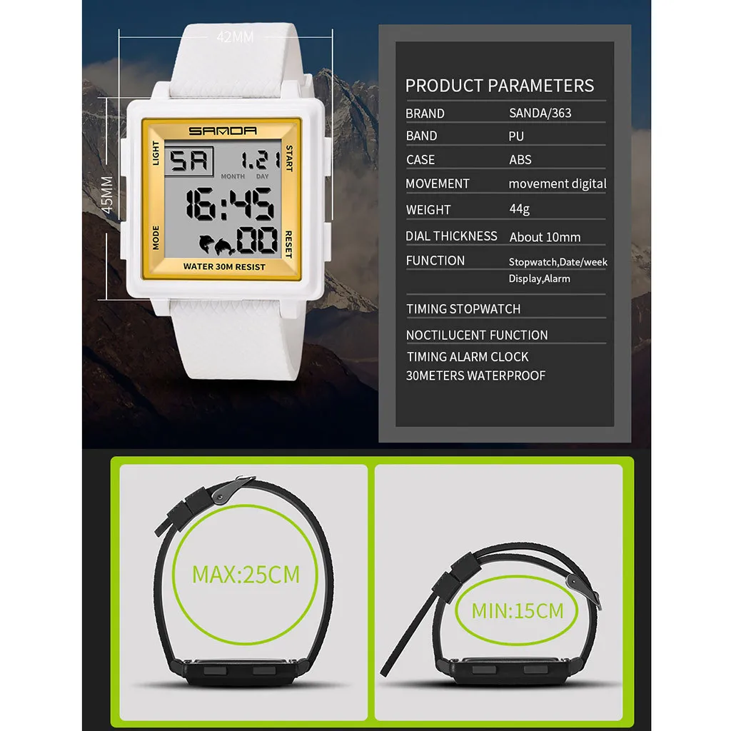 

Sanda Classic Men Watch Fashion Atmosphere LED Square Dial Belt Couple Electronic Watch Male Multifunction Waterproof Clock