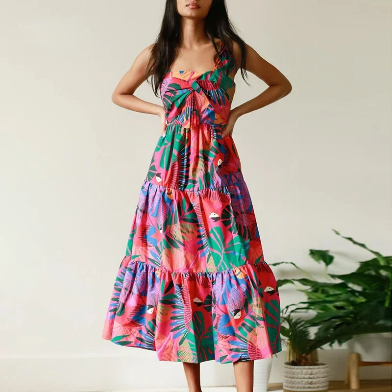 

Женское асимметричное платье на бретельках, платье миди без рукавов с квадратным вырезом и высокой талией, модная одежда с принтом, лето 2021