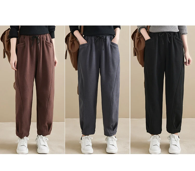 Winter New Trendy Warm Fleece Thick Oversize Loose Casual Trouser Women Solid Color Elastic Waist Versatile Premium Sweatpants