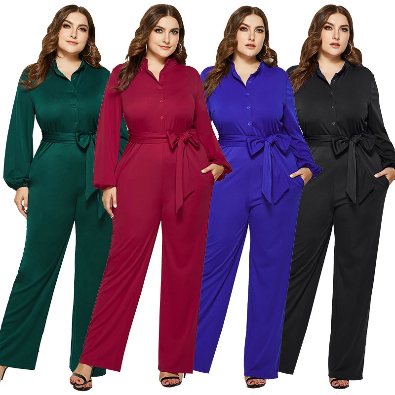 

Autumn Winter Women Big Size Solid Color Jumpsuits Fashion Casual Sashes Wide leg Jumpsuit Female Plus Size Button Jumpsuits