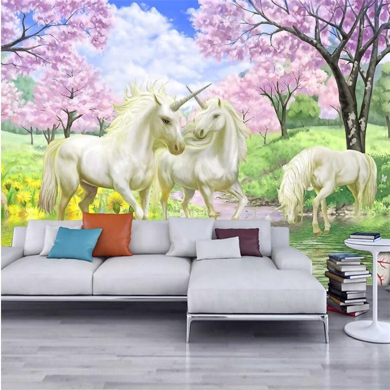 

mural Custom 3D Mural Wallpaper Unicorn Dream Cherry Blossom TV Background Wall Pictures For Kids Room Bedroom Wallpaper