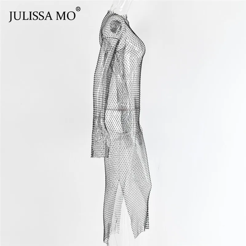 Julissa mo бриллиантовое ажурное длинное летнее платье, сексуальное Сетчатое платье с разрезом, Женское кристально прозрачное пляжное платье, платья для вечеринок