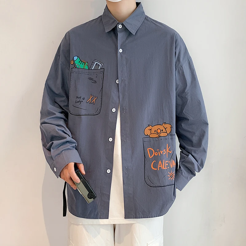 

Brand 2021 Spring Autumn Print Long Sleeves New Oversize Collar Korea Hip Hop Style Shirts For Men's Harajuku Clothing