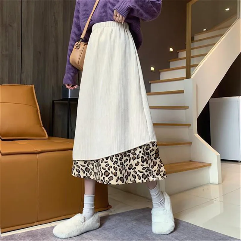 

vintage Corduroy Leopard Print Splicing A-line skirt Women Plus Size High-waisted skirt Korean harajuku black Long skirt saia
