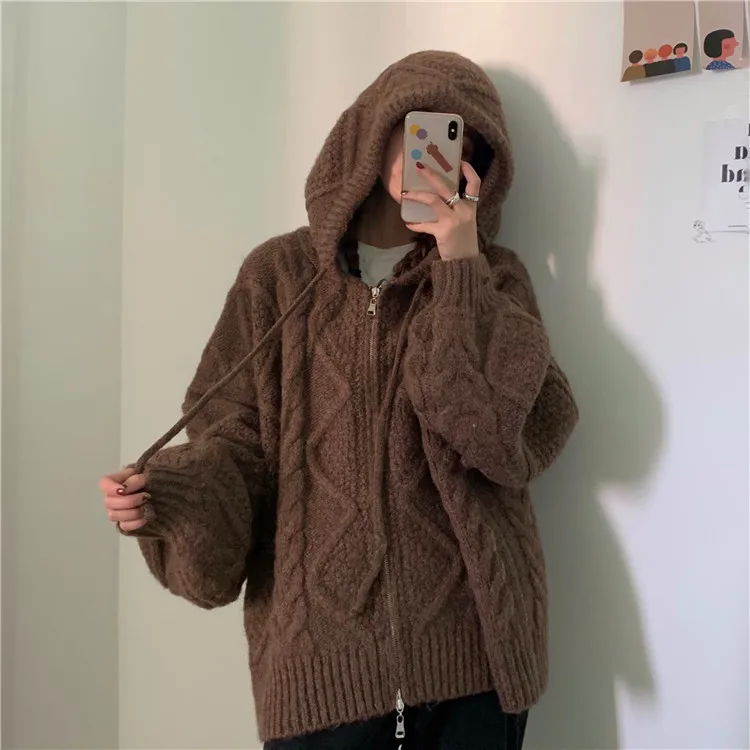 

Cardigan Jacket Oversized Long Lantern Sleeve Outwear Women Autumn Winter Twist Zipper Hooded Sweater Coat Knitted