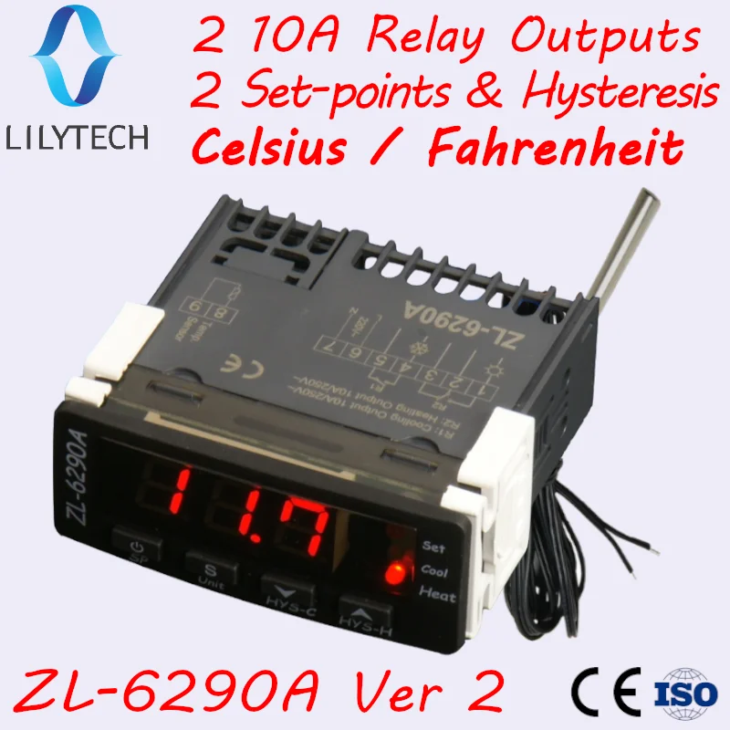 ZL-6290A, по Цельсию по Фаренгейту, опция, аналогичная STC-1000, ITC-1000; Двойные Выходы 10А, термостат, STC 1000