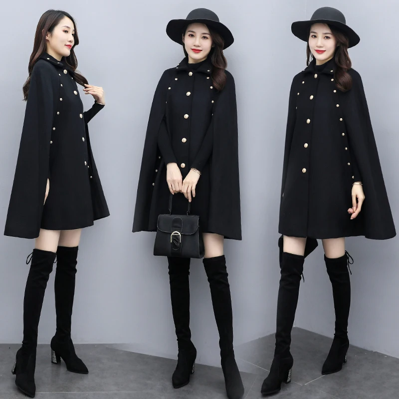 Женская шерстяная накидка черная в Корейском стиле модель M522 на осень и зиму 2021 |