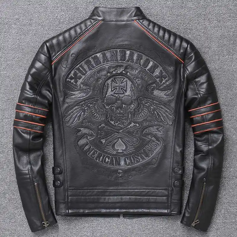 

Men Factory 2021 Retro Vintage Genuine Leather Biker Jacket Embroidery Skull Pattern Black Slim Fit Men Winter Motorcycle Coats