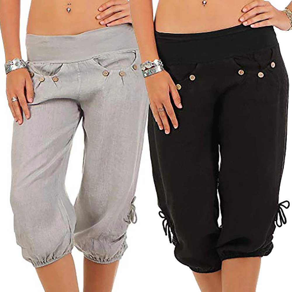 Женские летние однотонные шаровары серые свободные брюки до колена женские