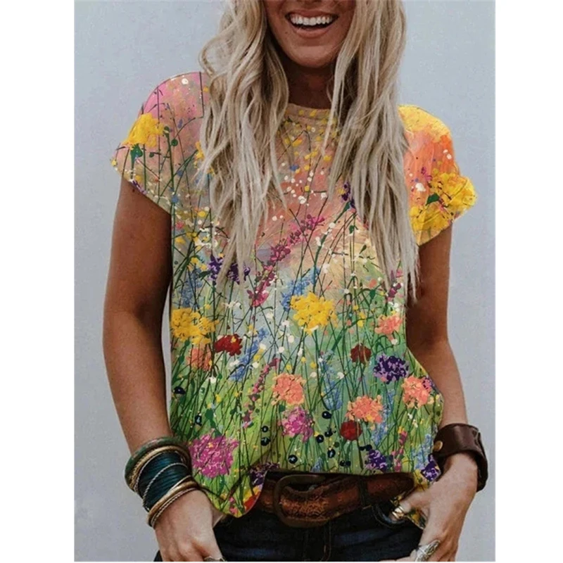

Fashion Women's Summer Round Neck Casual Loose Floral Printed Flower T Shirt Tie Dye Tops Plus Size Short Sleeve