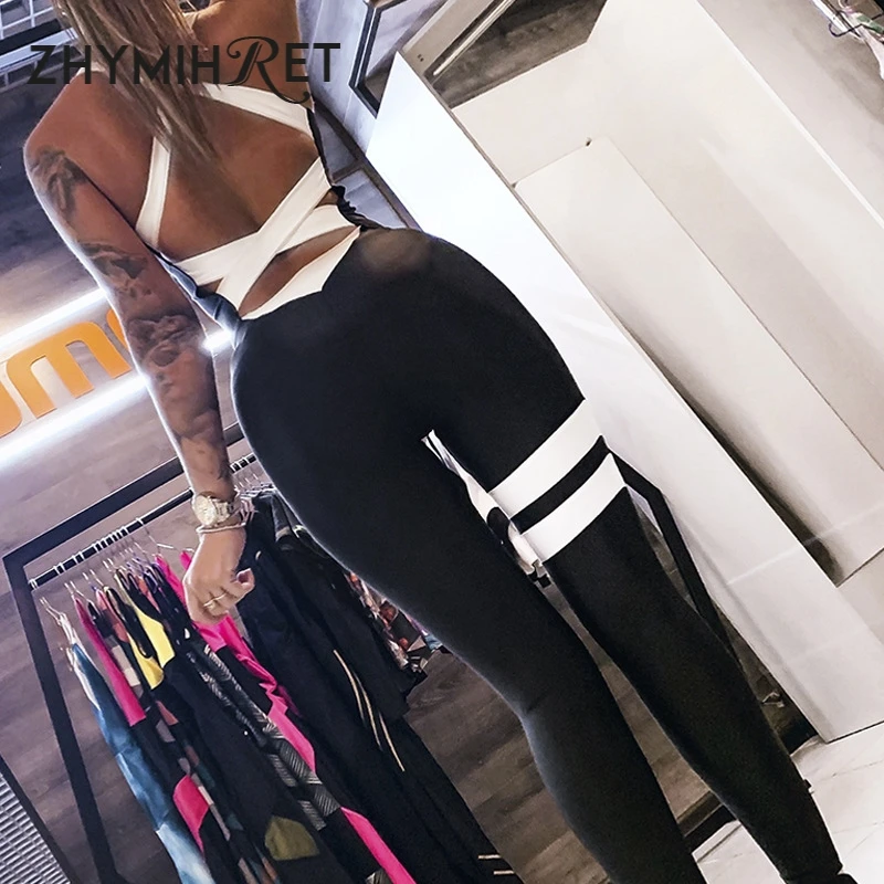 

ZHYMIHRET 2020 Summer Striped Patchwork Bodycon Rompers Women Jumpsuit Backless Stretchy Sexy Fittness Jogging Sexy Jumpsuit