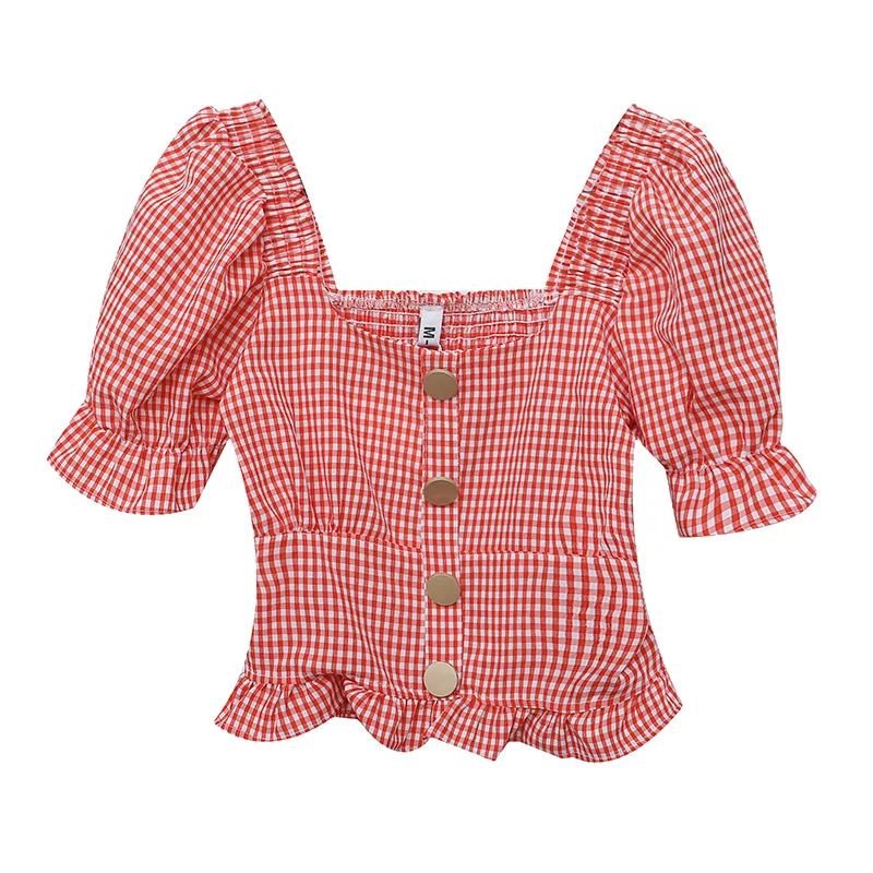 

Elegant Square Collar Plaid Blouses Women Elastic Short Puff Sleeve Single Breasted Ladies Slim Tops Shirts Summer Steetwear