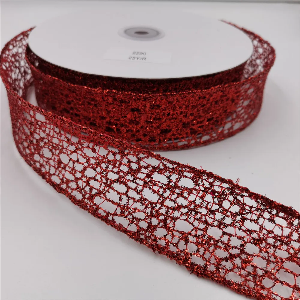 

38MM X 25yards Grand Net Glitter Wired Edge Ribbon Red Color for Gift Box Wrapping Christmas Decoration N2290