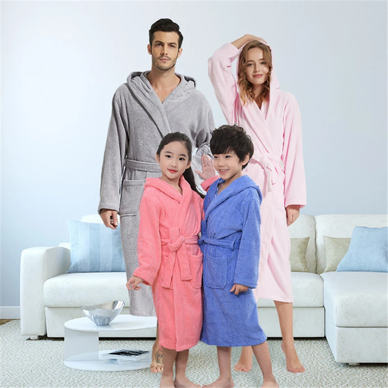 Bata de baño de algodón con capucha para niños y niñas, ropa informal de invierno para el hogar, color sólido, cálido