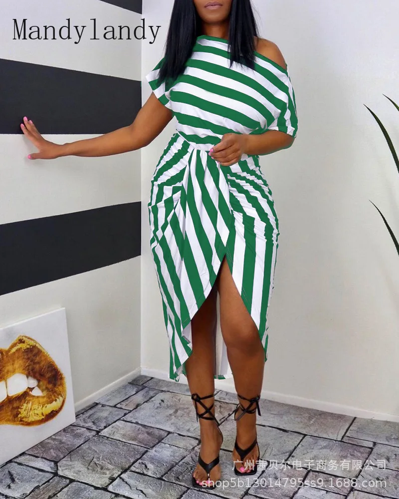 

Mandylandy Striped Women Dress Summer Streetwear Off-the-Shoulder Irregular Dresses Short Sleeve High Waist Casual Lace-up Dress