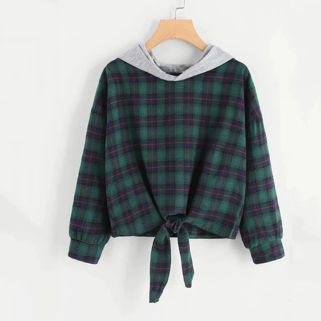 Fashion Women Casual Loose Long Sleeve Hoodie Plaid Printing Short Sweatshirt Tops Streetwear Women Oversized Hoodies Sudaderas