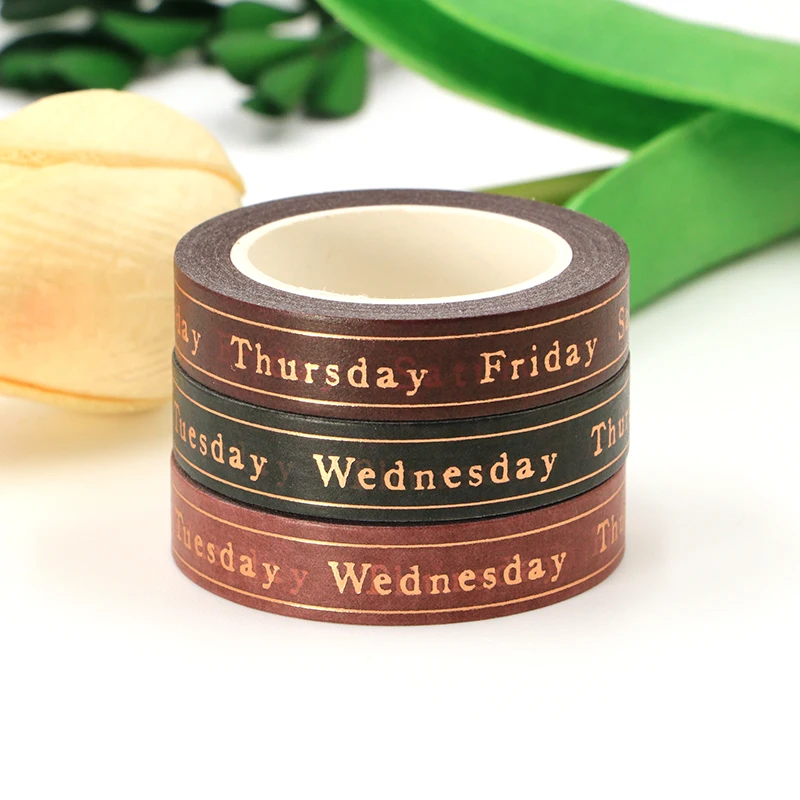 

1 roll 10mm*10m Gold Foil Brown Green Pink Background Date Weeks Monday Decorative Washi Tape DIY Scrapbooking Masking Tape