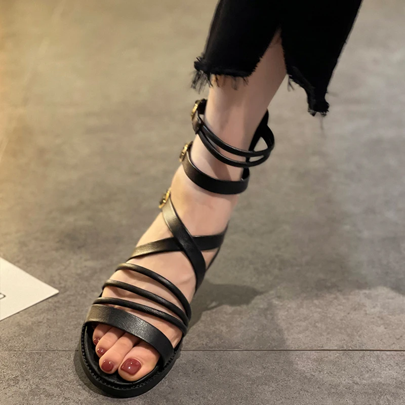 

2021 Summer Gladiator Women Sandals Retro Women Fashion Flats Low-heeled Open Toe Zipper Beach Shoes Ladies Roman Sandals
