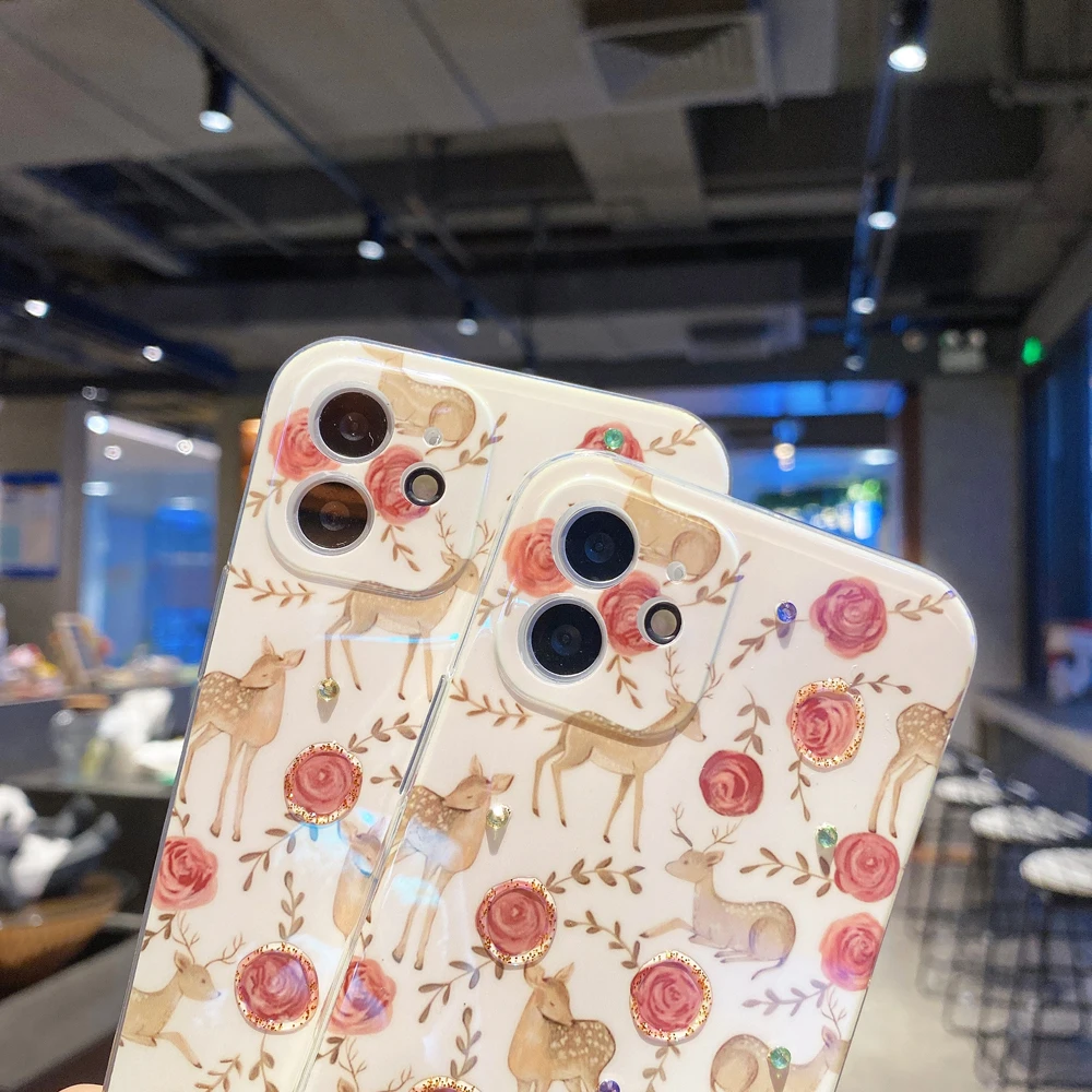 

For iPhone 12 Pro Case Luxury Blu-ray Coated Flower Fawn Phone Case For iPhone 12 Mini 11 Pro Max 8 7 Plus X XS Max XR Cover
