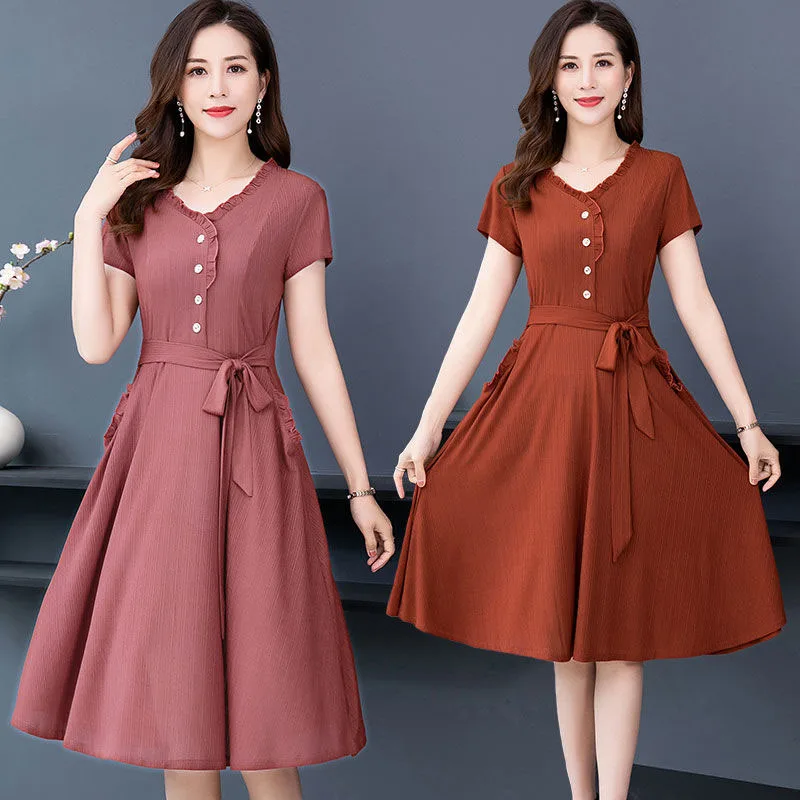 

Женское летнее платье среднего возраста, новинка 2022, повседневное свободное платье, платья с коротким рукавом, женское модное элегантное пл...