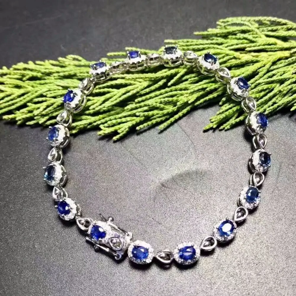 Роскошный женский браслет 16 шт. натуральный васильковый синий сапфир серебряный