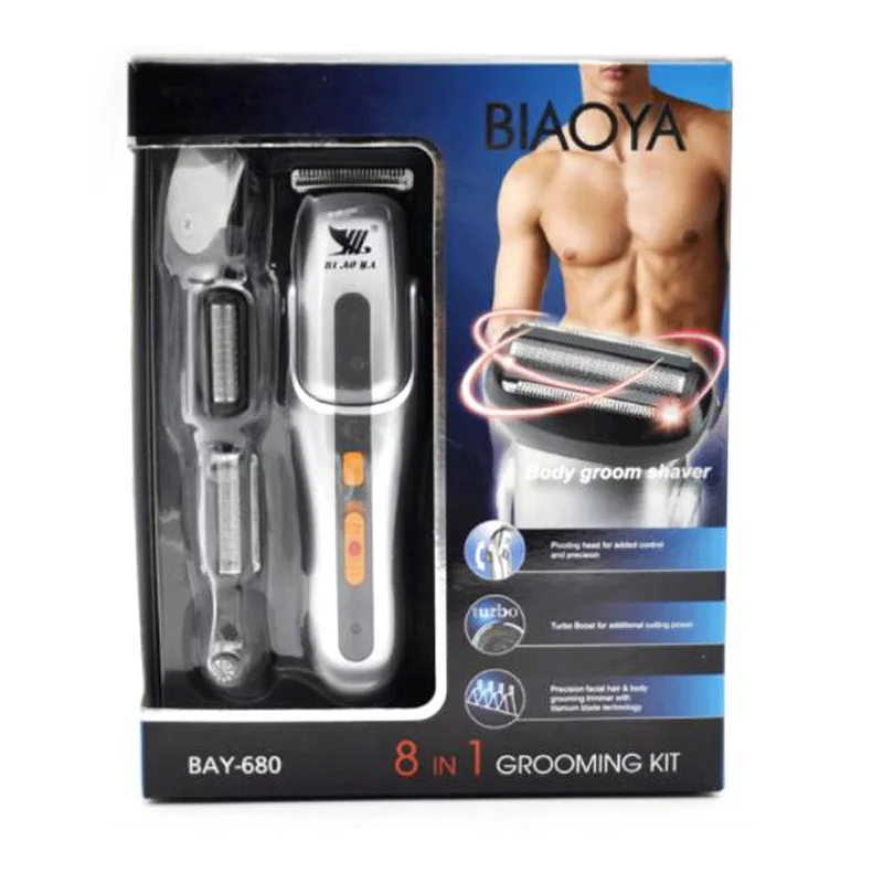 

BAY-680 8 IN 1 Electric Body Groom Shaver Nose Hair Trimmer Beard Razor Face Shaving Machine Head Trimming Clipper Grooming Kit