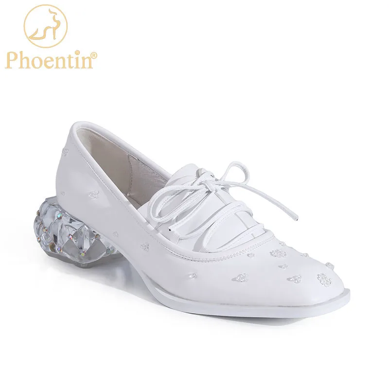 

Phoentin white retro Loafers for woman 2020 autumn new real leather shoes mid heel pumps crystal heels lace-up shoes FT1116