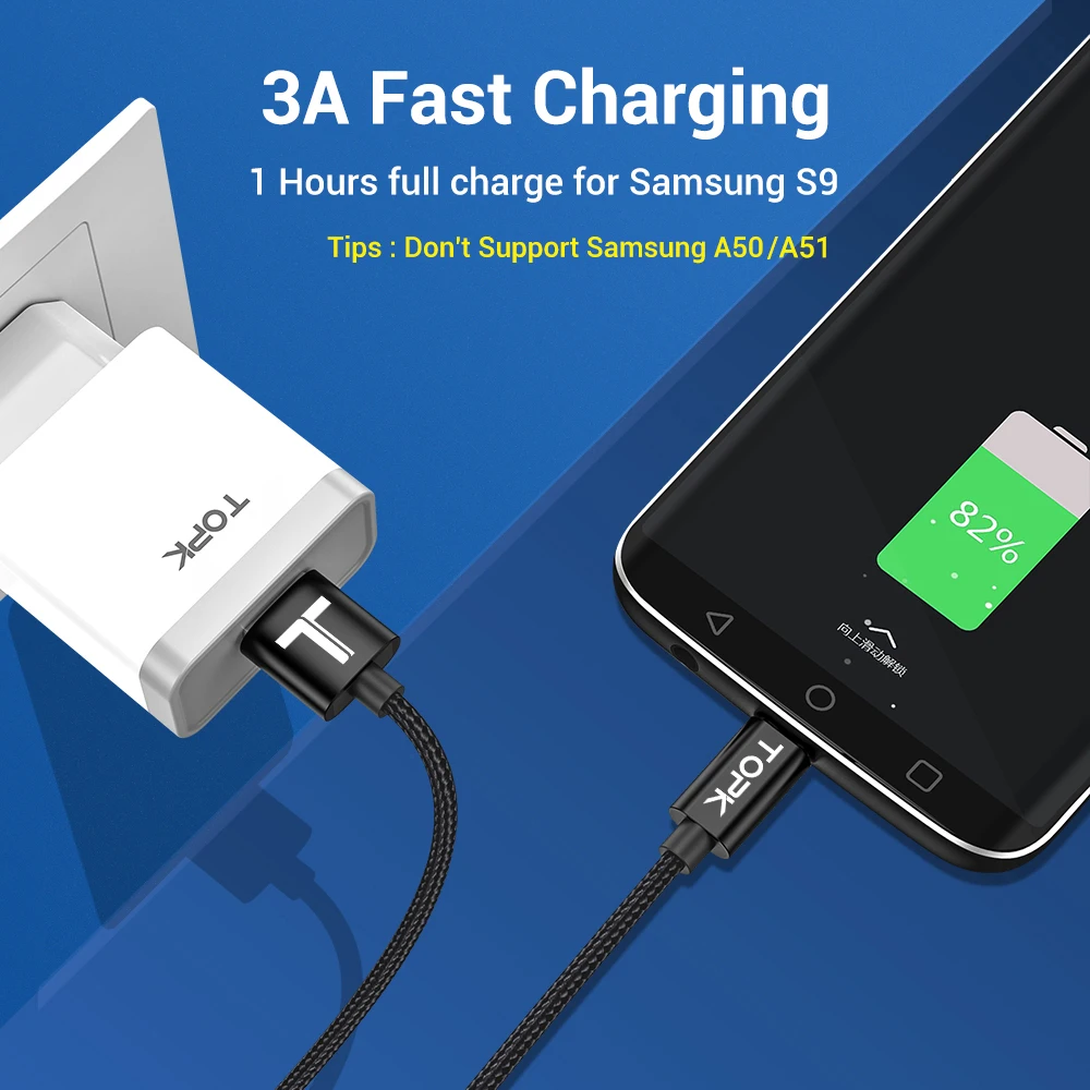USB Type C кабель TOPK USBC для быстрой зарядки и передачи данных 3A Samsung S9 + S10 Plus Xiaomi Redmi K20 Pro