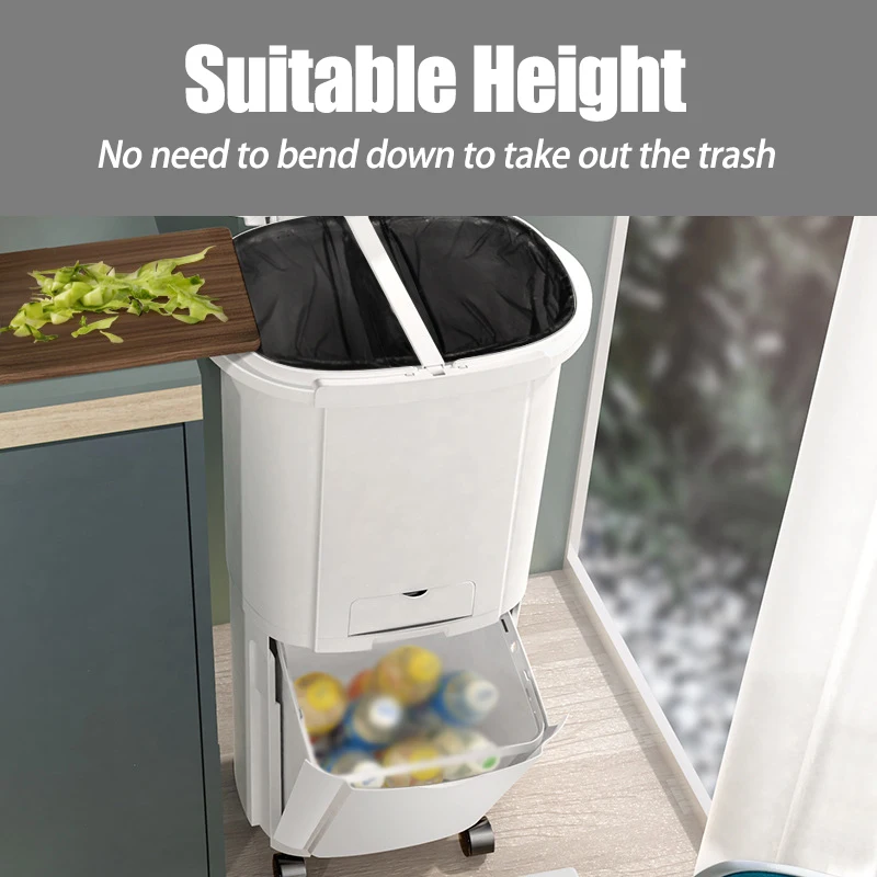 

38L 2-layer Dry and Wet Plastic Waste Bin Sorting Trash Can With Wheels Kitchen Trash Can Rubbish Bin Household Trash w/drawer