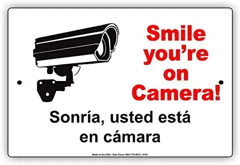 

Warning Sign Smile You're On Our Camera Video Security CCTV Warning Notice Recording Spanish and English Road Sign Business Sign
