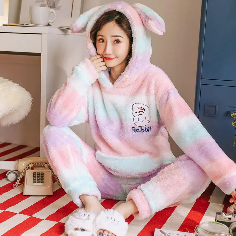 2019 зимние женские пижамы теплые утолщенные набор милые уши животные мультфильм с