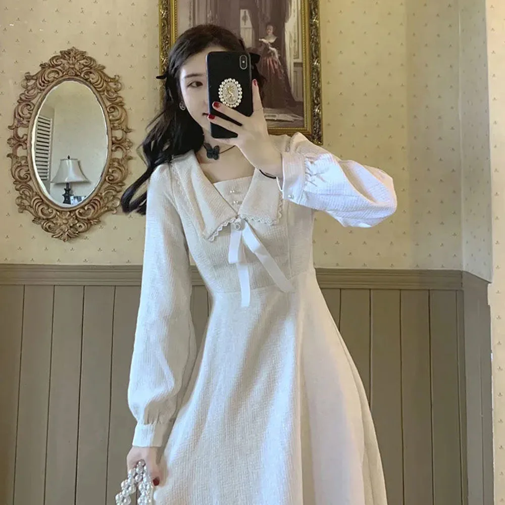 

Autumn Temperament Women's Dress French Small Fresh Doll Collar Long Sleeve Sweet Dress Korean Winter Elegant Lady Vintage Dress