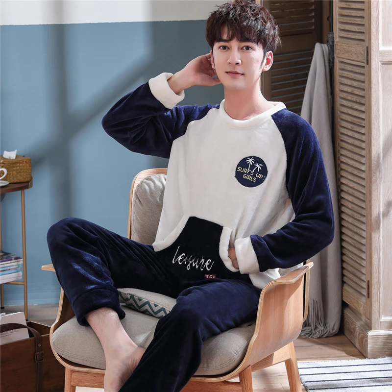 

Winter Long Sleeve Women Pajamas Set Warm Pocket Letter Flannel Pajama Couple Coral Velvet Sleep Wear Thick Pyjamas 2Piece Set