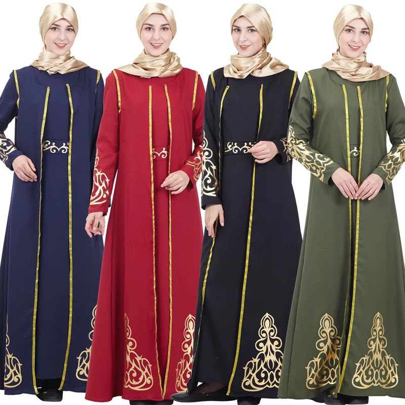 Дубаи Стильные комплекты abaya мусульманские женские пальто и платье из двух частей Золотой аппликации вечерний халат леди классический Caftan наборы