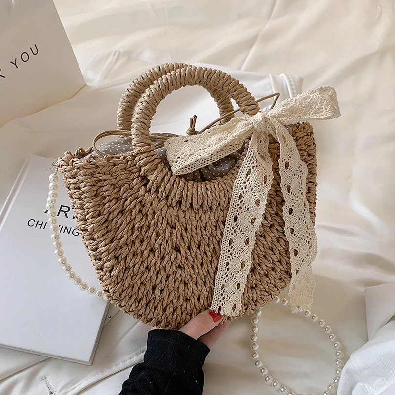 

Shoulder Belt Semicircle Hand-Woven Straw Rattan Handbag with Lace Bow Rattan 2021 Summer Casual Beach Shoulder Crossbody Bag