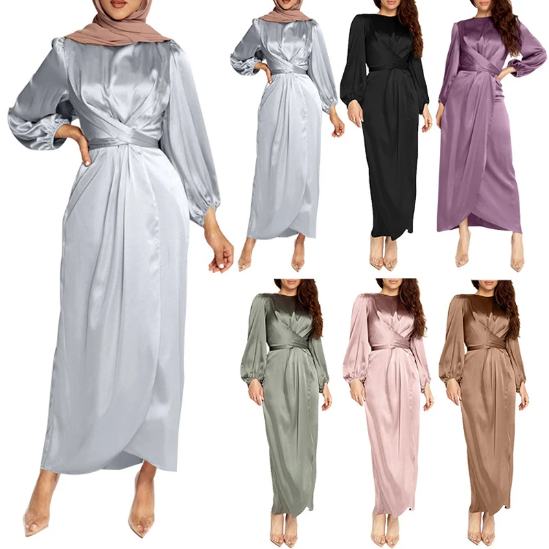 Мусульманские платья для женщин в африканском стиле Дубай Турция, модные нарядные Сатиновые фонарь рукав с высокой талией шнуровка скромны...