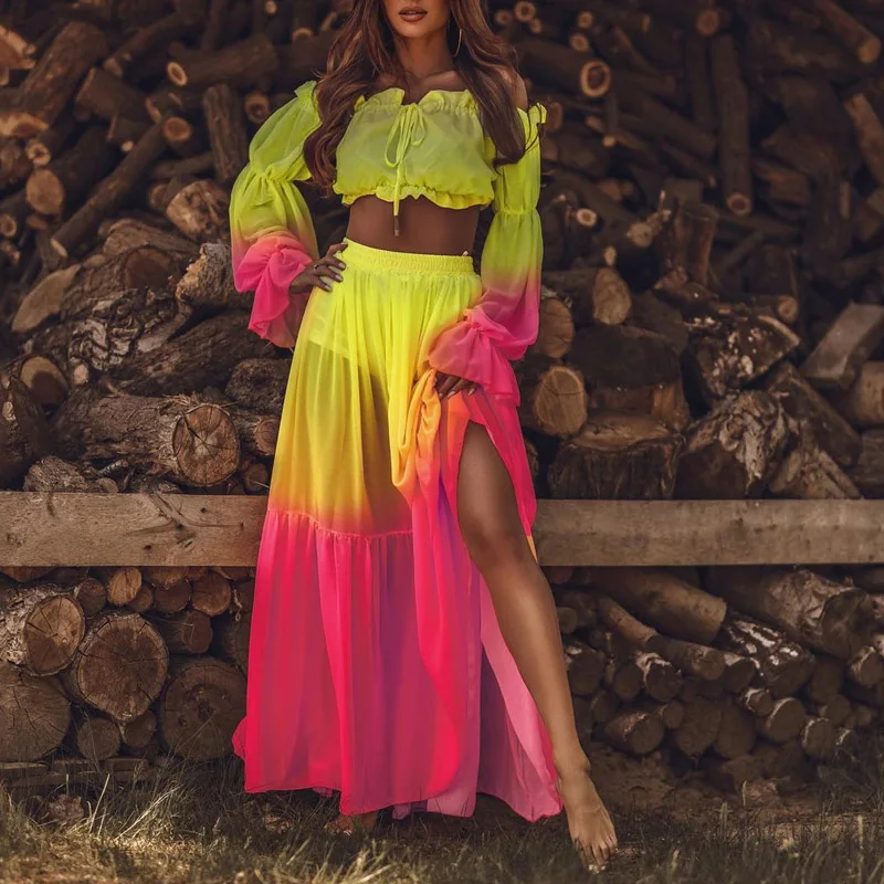 

Casual Colorful Printing Two Piece Set Women Sexy Off Shoulder Ruffle Blouse and Slit Long Skirts Suit New Spring Autumn Outfits