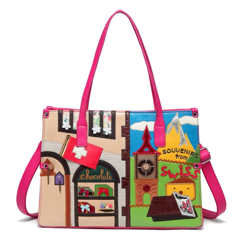 Женские сумки швейцарская кожаная Лоскутная сумка в стиле пейзажа с вышивкой