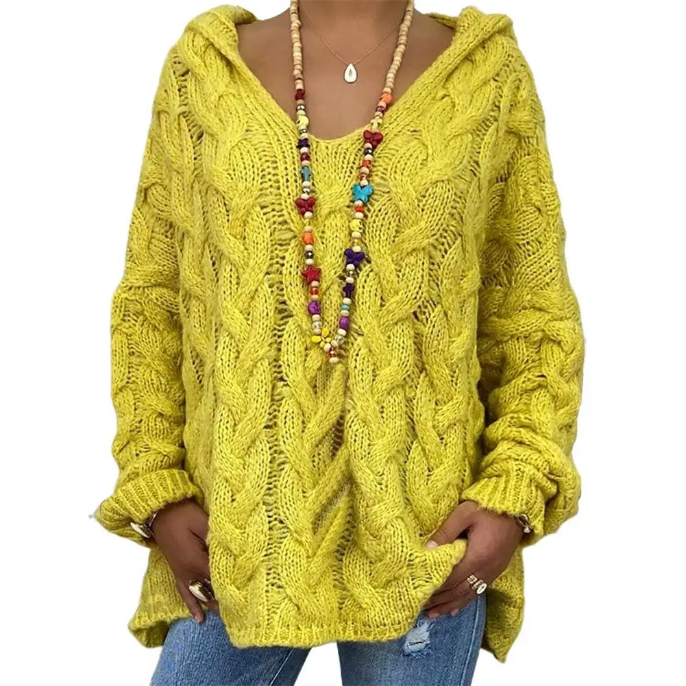 

SHZQ Women Autumn Solid Color Long Sleeve Braided Hooded Pullover Knitted Sweater Twist knitted hooded pullover sweater jacket
