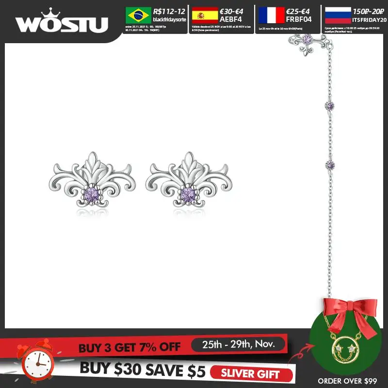 

WOSTU 2021 Genuine 925 Sterling Silver Vintage Pattern Purple Zircons Jewelry Set Rings Stud Earrings Gift Wedding Jewelry S244