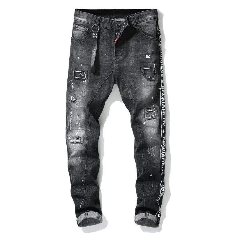 Dsquared2 Fashion Classic Men's Elastic Hole Patches Hand Sprinkled Color Paint Dots Denim Desingner Jeans