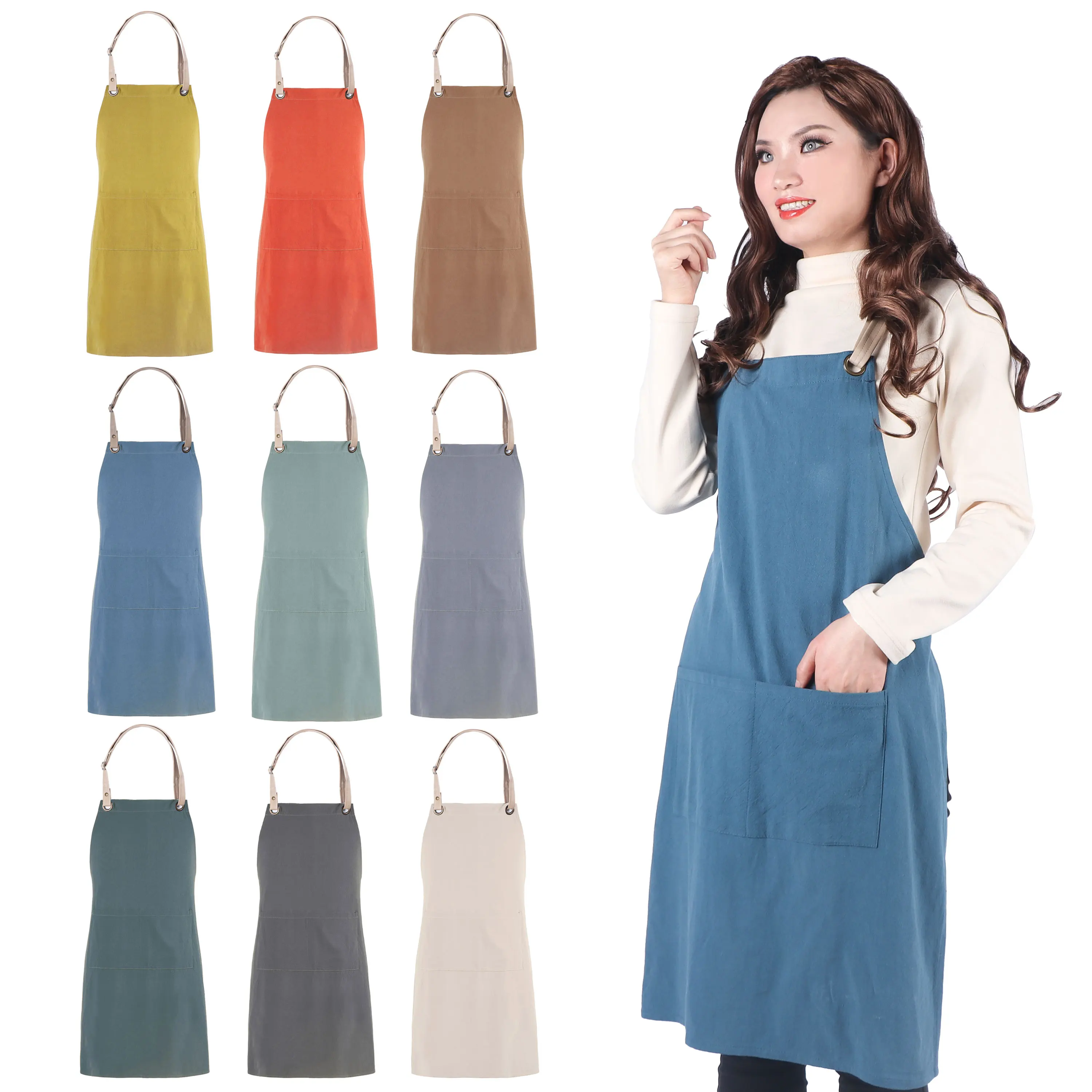 

Ten Colors Women Japanese Adjustable Neckband Housework Baking Wrap Cotton Linen Florist Dress Literary Art Cotton Linen Apron