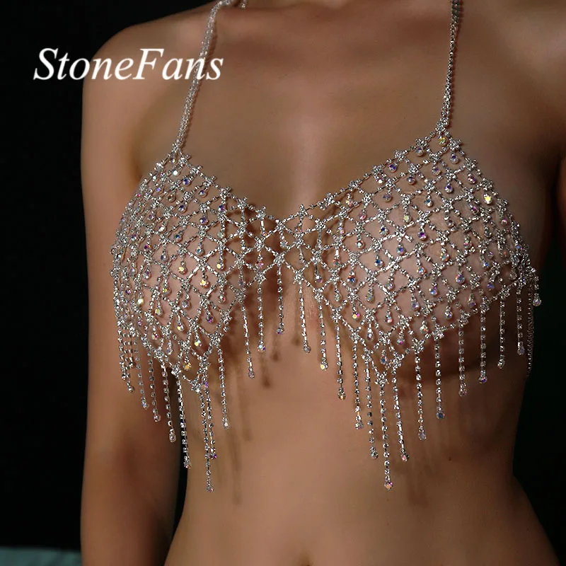 

StoneFans Sexy AB Crystal Tassel Body Bra Chain Jewelry for Women Rhinestone Breast Bra Necklace Body Chest Chain Jewelry Gift