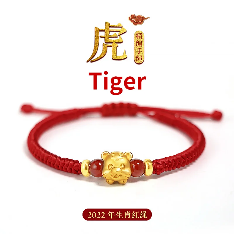 Pulsera de cadena roja de tigre chapada en oro de 18K, cuentas de transporte del zodiaco de plata de ley 925, cuerda tejida hecha a mano, regalo para parejas de Año Nuevo