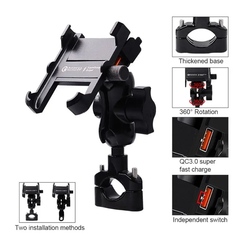 Waterproof Metal Motorcycle Smartphone Mount with QC 3.0 USB Quick Charger - Motorbike Mirror Handlebar Stand Holder for Samsung image 5