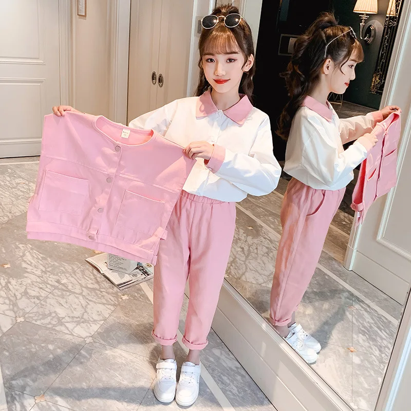 

2021 girls three-piece solid color middle-aged children's new workwear fashion vest set children's wear