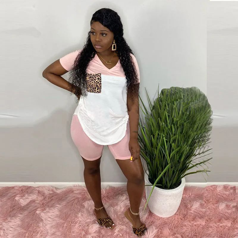 

2020 Summer Two Piece Set Female Short Sleeve Leopard Pocket T-shirt and Biker Shorts Bodycon Matching Sets Clothes for Women