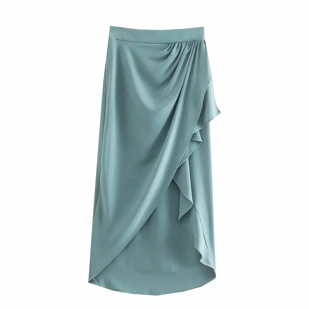 

2021 Women Fashion Draped Satin Skirt Casual Side Zipper High-waist Vintage Elegant Chic Lady Slit Midi Skirts Woman jupe