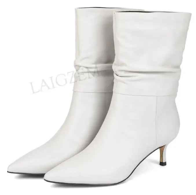 LGZ868 Beige LAIGZEM/женские ботинки из высококачественной кожи; зимние ботинки без застежки на каблуке «рюмочка»; Botas Chaussure; женская обувь; размер 34-39 - Цвет: LGZ868 Beige