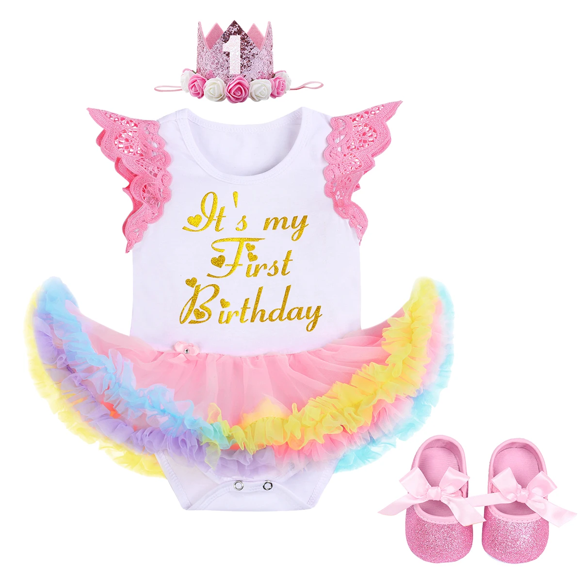 6-18M Baby Girls Birthday Outfits Lace Flowing Sleeve Dress Crown Headband And Shiny Shoes 3pcs Outfit Cake Smash Dress